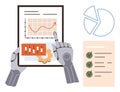 Robotic Hands Analyzing Data on Digital Tablet with Charts, Graphs, and Checklist for Automation and AI Concepts Royalty Free Stock Photo