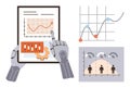 Robotic hands analyzing digital charts and graphs for data-driven decision-making and automation Royalty Free Stock Photo
