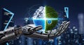 Robotic hands cradle a futuristic globe split between digital data and lush green nature symbolizing sustainable technology Royalty Free Stock Photo