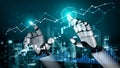 Futuristic robotic hands interacting with digital graphs and charts in a high-tech environment, showcasing data analysis Royalty Free Stock Photo