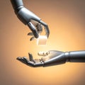Robotic Hands Exchanging a Glowing Energy Cube Royalty Free Stock Photo