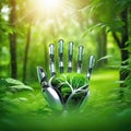 robotic hands on green nature background