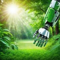 robotic hands on green nature background