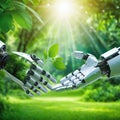 robotic hands on green nature background