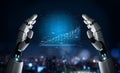 Futuristic robotic hands displaying a digital data chart with graph lines and glowing elements against a city skyline Royalty Free Stock Photo