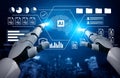 Futuristic robotic hands interacting with artificial intelligence interface showcasing data analytics and digital Royalty Free Stock Photo