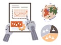 Robotic hands analyzing data charts and global trends with collaborative pie chart visualization Royalty Free Stock Photo