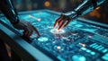 Robotic hands interact with high-tech touchscreen in futuristic setting.