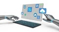 Robotic hands interacting with a laptop displaying cloud computing icons Royalty Free Stock Photo