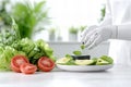 Robotic hands preparing salad with fresh vegetables and microchip concept