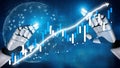 Robotic Hands Reaching Towards Financial Data on a Digital Chart Against a Cosmic Background Representing Technology and Royalty Free Stock Photo
