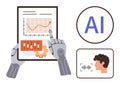 Robotic Hands Using Tablet with Graph, AI Text, and Voice Recognition Interface Royalty Free Stock Photo