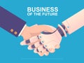 Robotic handshake. Partners robot machine and human vector business background