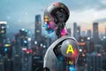 Robotic head with colorful AI symbols, representing the fusion of robotics and artificial intelligence in futuristic technology