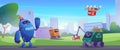 Robotic help. Smart computer assistants people help exact vector cartoon background illustration