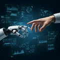 Robot hand interacting with human hand surrounded by digital screens showing data and charts Royalty Free Stock Photo