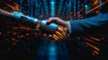 Robotic and human handshake representing AI-human cooperation in a futuristic digital world Royalty Free Stock Photo