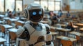 Robotic instructor interacts with students in classroom filled with desks. Generative by AI