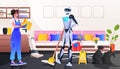 robotic janitor with woman cleaner robot vs human working together cleaning service artificial intelligence technology