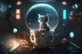 robotic kitten exploring futuristic space station, with glowing lights and futuristic design