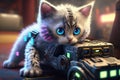 robotic kitten playing interactive game of laser tag indoors