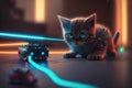 robotic kitten playing interactive game of laser tag indoors