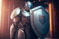 Robotic Knight with Shield Defending in Futuristic Matrix Cyberspace Environment, Concept of Cybersecurity and Royalty Free Stock Photo