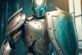 Robotic Knight with Shield Defending in Futuristic Matrix Cyberspace Environment, Concept of Cybersecurity and