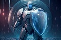 Robotic Knight with Shield Defending in Futuristic Matrix Cyberspace Environment, Concept of Cybersecurity and