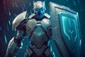 Robotic Knight with Shield Defending in Futuristic Matrix Cyberspace Environment, Concept of Cybersecurity and