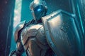 Robotic Knight with Shield Defending in Futuristic Matrix Cyberspace Environment, Concept of Cybersecurity and Royalty Free Stock Photo