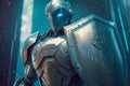 Robotic Knight with Shield Defending in Futuristic Matrix Cyberspace Environment, Concept of Cybersecurity and