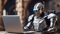 A robotic knight working on laptop, AI latest technology, AI generated