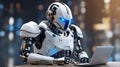 A robotic knight working on laptop, AI latest technology, AI generated