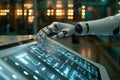 Robotic lathe operator adjusting settings in a modern metalworking factory. Generative AI