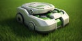 Robotic Lawnmower Cutting Fresh Green Grass.