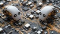 Robotic learning agents interacting on a circuit board in a futuristic environment Royalty Free Stock Photo