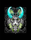 Robotic lion head with big blue horns and sacred geometry background