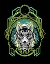 Robotic lion head with green sacred geometry background