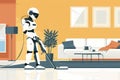 Robotic Maid Tidying Up in Retro-Futuristic Living Room Royalty Free Stock Photo