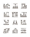 Robotic manufacturing assembly lines and automatic conveyor with manipulators line vector icons