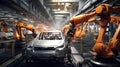 Robotic manufacturing site, robots with AI assembling cars, assembly line