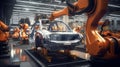 Robotic manufacturing site, robots with AI assembling cars, assembly line