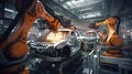 Robotic manufacturing site, robots with AI assembling cars, assembly line
