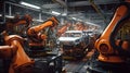 Robotic manufacturing site, robots with AI assembling cars, assembly line