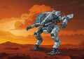 A robotic mech walker stands on a barren, reddish landscape with a dramatic sunset Royalty Free Stock Photo