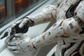 A robotic mechanical arm of a cyborg. A cybernetic organism with artificial intelligence