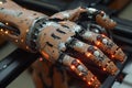 A robotic mechanical arm of a cyborg. A cybernetic organism with artificial intelligence