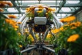 A robotic mechanism tends to blooming flowers in a greenhouse, highlighting the fusion of technology and nature in