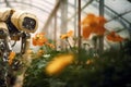 A robotic mechanism tends to flowers in a greenhouse, showcasing the harmonious blend of technology and nature in modern